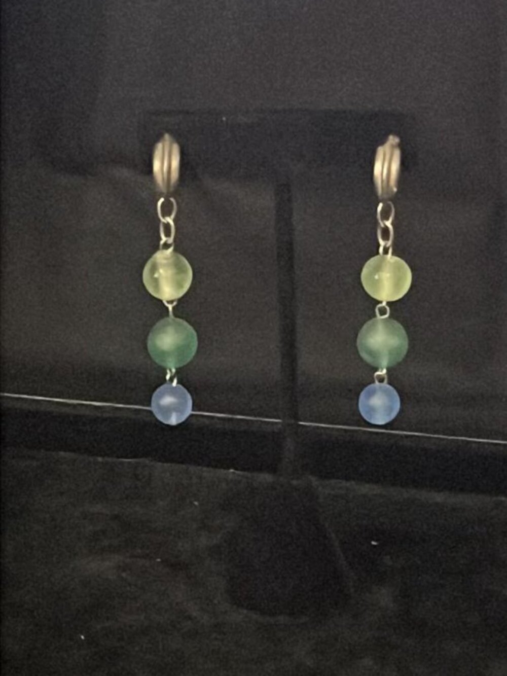 Silver Striated Hoops with Light Green, Green and Blue Bead Drop Earrings